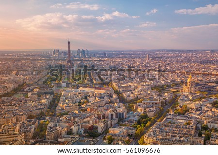 City of Paris. Aerial image of Paris, France during golden sunset hour.