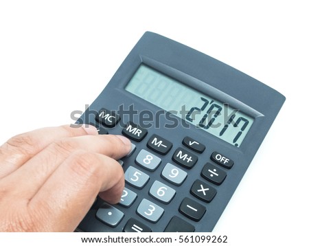 calculator and hand isolated on white background