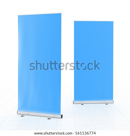 Blank cyan roll-up banner stand isolated on white floor. Include clipping paths around stand and ad banner. 3d render
