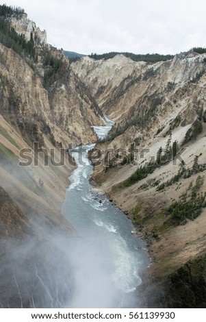 A picture inside a large canyon at Yellowstone National Park showing a river running through.