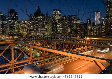 Night view of New York skyline as seen from Brooklyn Bridge