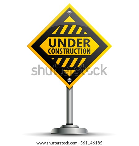 Pole with a Warning Road Sign Under Construction, isolated on white background, illustration