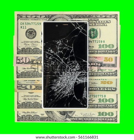 Smartphone with broken display lying on money banknotes Isolated on green chroma key background. Need new smartphone concept