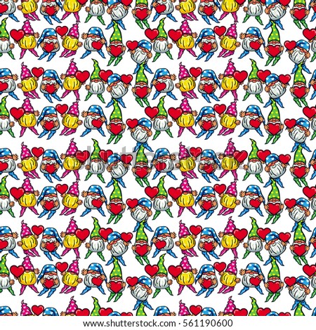 Seamless pattern with cute gnome holding heart. Funny background for holiday decorations, greetings, Valentine day and birthday cards, wrapping paper. Vector clip art.