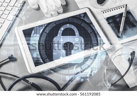 White tablet pc and access security concept on media screen