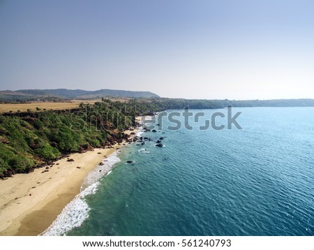 Tropical beach with ocean and palm taken from drone. Goa India - aerial view photo. Royalty-Free Stock Photo #561240793
