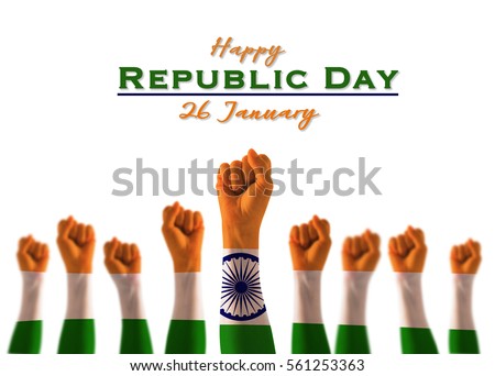 Happy republic day 26 January with India national flag on leader's fist on white background for Human equal rights, labor day concept Royalty-Free Stock Photo #561253363