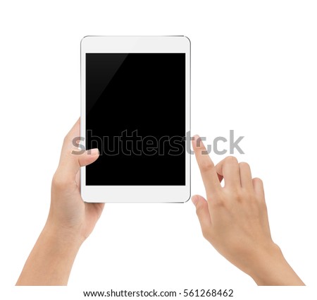 mock-up digital tablet in hand isolated on white background with clipping path inside Royalty-Free Stock Photo #561268462