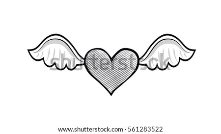 Heart with wings. Love heart design for Valentines day. Cartoon drawing in doodle style.
