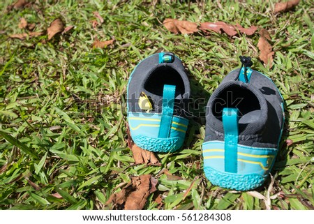 sport shoes on grass floor background