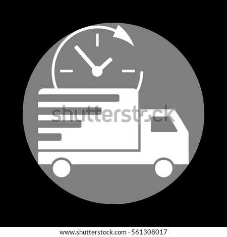 Delivery sign illustration. White icon in gray circle at black background. Circumscribed circle. Circumcircle.