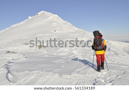 Hiker in winter mountains with trekking poles and backpack. Beautiful winter landscape with snow. 