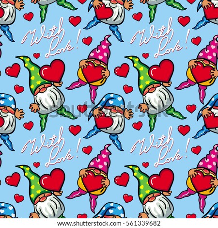 Seamless pattern with hearts, gnomes and sign "With love!". Funny background for holiday decorations, greetings, Valentine day and birthday cards, wrapping paper. Raster clip art.