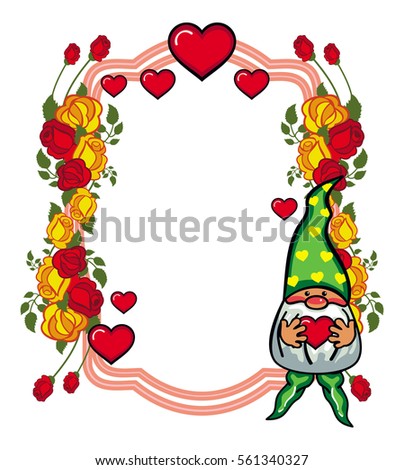 Oval label with roses and cute gnome holding heart. Design element for holiday decorations, greetings, Valentine day and birthday cards. Raster clip art.