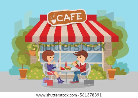 Girl and boy eating fast food. Vector illustration of a people at table with sandwiches drinks.