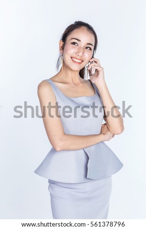 smart beautiful business girl with tablet and smartphone business communication ideas concept on white background