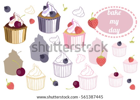 Set of vector cupcakes with berries and pink emblem