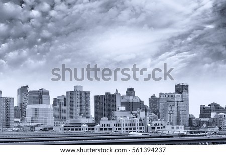Black and white view of Lower Manhattan skyline - New York, USA.