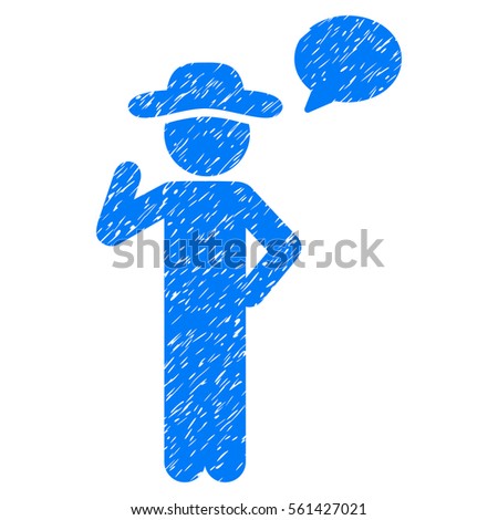 Gentleman Speech grainy textured icon for overlay watermark stamps. Flat symbol with scratched texture. Dotted vector blue ink rubber seal stamp with grunge design on a white background.