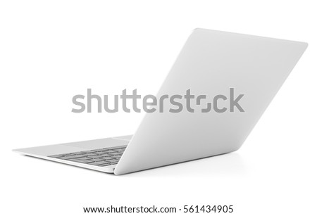 Thin laptop with lid open, back view