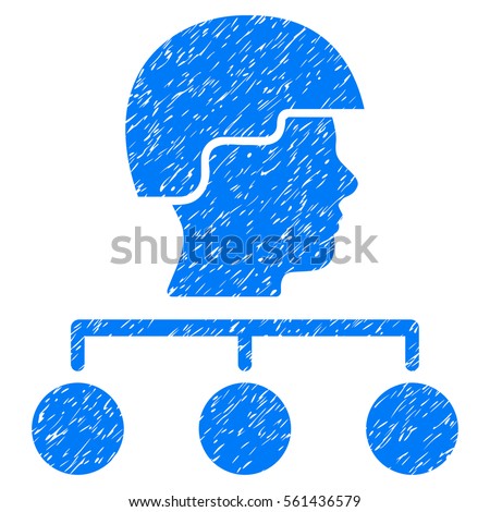Builder Management Links grainy textured icon for overlay watermark stamps. Flat symbol with dust texture. Dotted glyph blue ink rubber seal stamp with grunge design on a white background.
