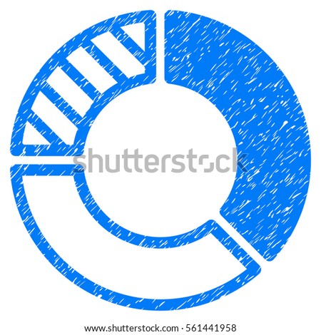 Pie Chart grainy textured icon for overlay watermark stamps. Flat symbol with dust texture. Dotted vector blue ink rubber seal stamp with grunge design on a white background.