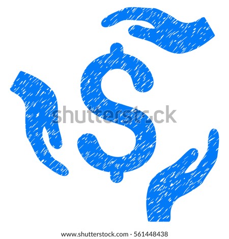 Dollar Care Hands grainy textured icon for overlay watermark stamps. Flat symbol with dust texture. Dotted vector blue ink rubber seal stamp with grunge design on a white background.