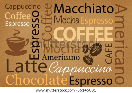 Wallpaper for decorate coffee or coffee shop. Words and pictures on a brown background