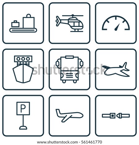 Set Of 9 Vehicle Icons. Includes Speed Checker, Flight Vehicle, Plane And Other Symbols. Beautiful Design Elements.