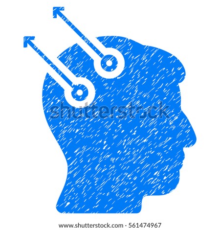 Neural Interface Plugs grainy textured icon for overlay watermark stamps. Flat symbol with scratched texture. Dotted glyph blue ink rubber seal stamp with grunge design on a white background.