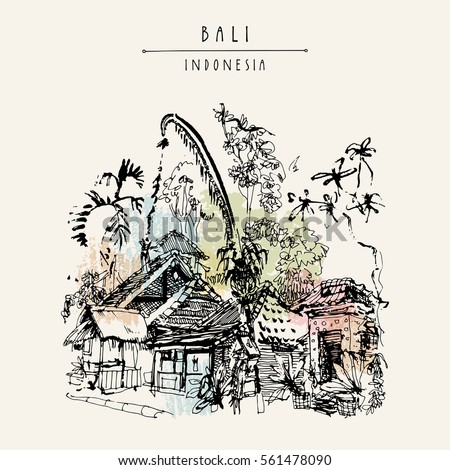 Galungan decoration (penjor) in Ubud, Bali, Indonesia, Asia. Hand drawing. Travel sketch. Book illustration, postcard or poster in vector