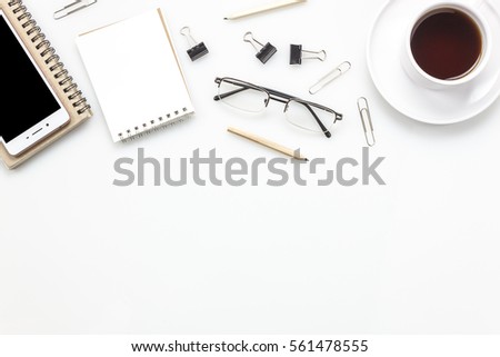 Top view accessories office  concept.mobile phone,coffee,notepaper,pen on office desk.