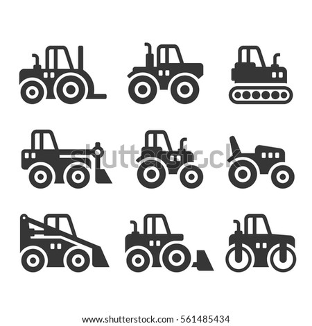 Tractors, Farm and Buildings Machines Icons Set. Vector