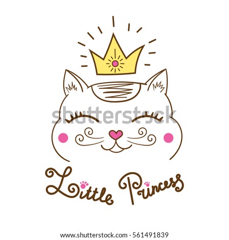Little princess cat print vector isolated on white background. Design for kids poster, baby shower invitation, birthday cards or girls fashion clothing. 