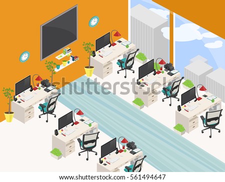 Vector isometric office open-plan room with detailed personal workplaces. Orange and turquoise colors.
