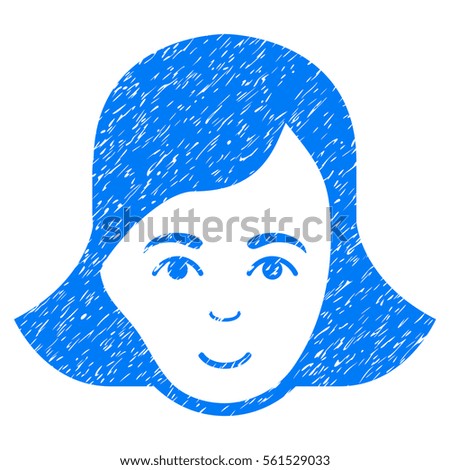 Lady Face grainy textured icon for overlay watermark stamps. Flat symbol with unclean texture. Dotted vector blue ink rubber seal stamp with grunge design on a white background.