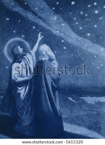 The old lithography of Promise to Abraham with the Jesus person. Royalty-Free Stock Photo #5615320