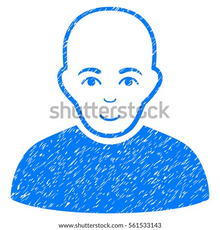 Bald Man grainy textured icon for overlay watermark stamps. Flat symbol with dust texture. Dotted vector blue ink rubber seal stamp with grunge design on a white background.