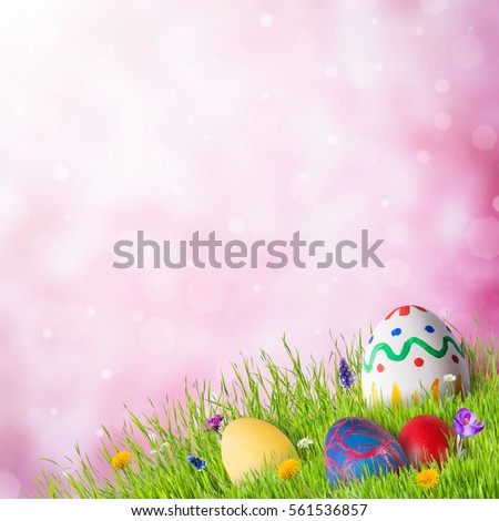 Eggs in green grass with flowers, happy Easter background