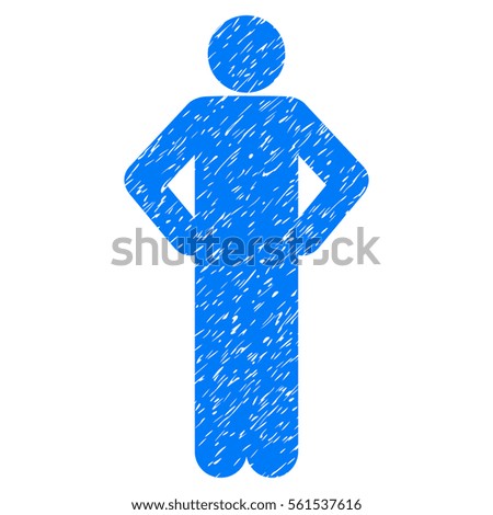 Akimbo Pose grainy textured icon for overlay watermark stamps. Flat symbol with dust texture. Dotted vector blue ink rubber seal stamp with grunge design on a white background.