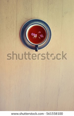 Top view of cup herbal tea drink