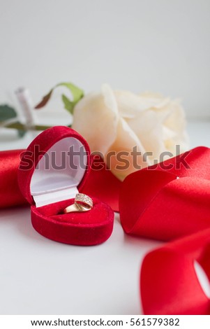 gift box with ring and rose. present for valentines day