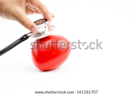 Close up hand holding stethoscope to check red heart on white isolated background, health medical technology concepts
