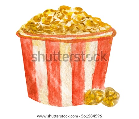 Watercolor golden popcorn in striped bucket on white background