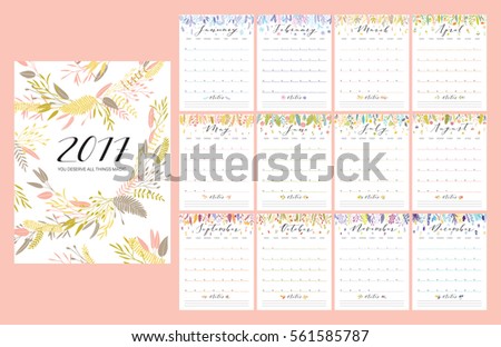 Floral bright 2017 calendar. Flower decorative elegant calendar.