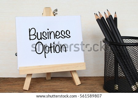 Business Option - business concept. text at canvas with wood stand and pen on wooden table