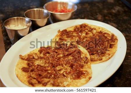 Mexican tortilla with grilled cheese on white plate.