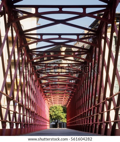 Girona (Gerona, Catalunya, Spain): red bridge over the Onyant river