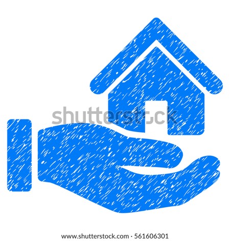 Real Estate Offer Hand grainy textured icon for overlay watermark stamps. Flat symbol with dust texture. Dotted vector blue ink rubber seal stamp with grunge design on a white background.