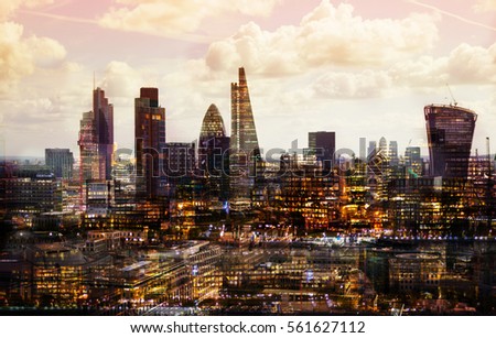 City of London multiple  exposure image includes skyscrapers of business district at sunset. UK
